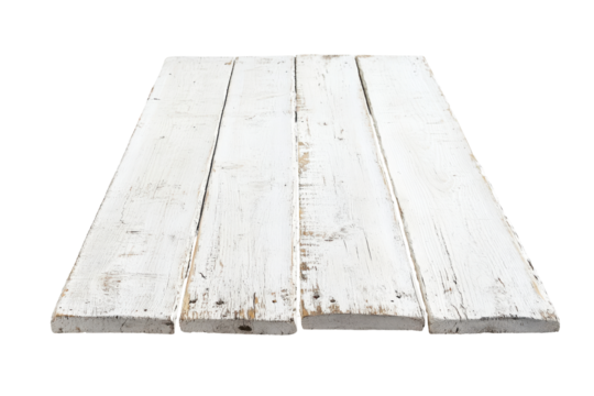 Rustic white wooden planks perspective isolated on transparent background. White tones of polished wooden floorboards isolated on white background.