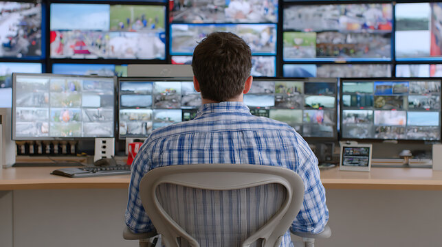 A man monitors multiple security camera feeds on screens in a surveillance control room.