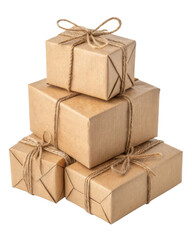 Obraz premium Wrapped gift boxes stacked together, showcasing rustic and charming appearance. Perfect for celebrations and special occasions