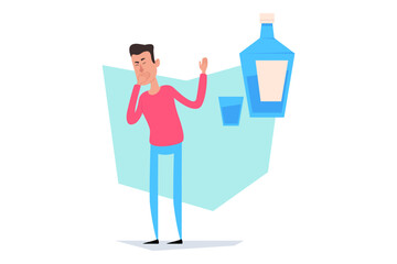 Man in red sweater looking distressed while holding his head with one hand. Next to him, bottle and glass suggesting alcohol abuse