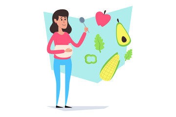 Happy pregnant woman holding spoon and smiling while looking at selection of healthy foods including fruits and vegetables. Nutrition during pregnancy concept