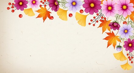 Autumn floral border with colorful flowers and fall leaves
