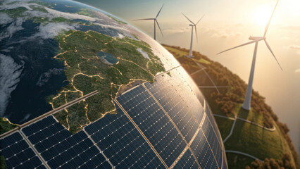 Solar panel energy wind turbine sustainable power green earth environment technology future clean energy concept