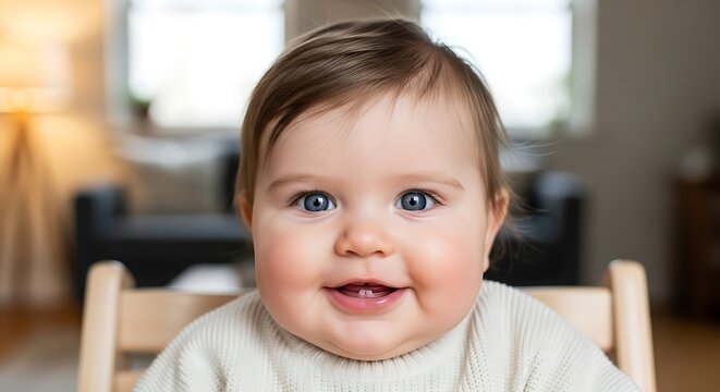 Adorable baby with bright blue eyes smiling at the camera.