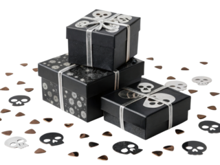 Black gift boxes with skull designs, decorated with silver ribbons, surrounded by heart shaped confetti. Perfect for Halloween celebrations