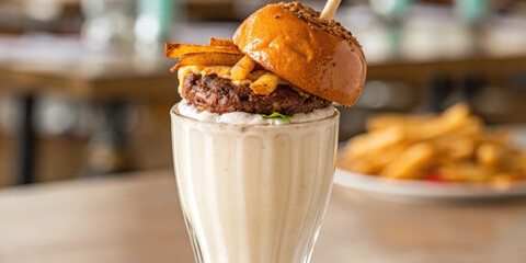 Milkshake topped with burger patty, fries, and bun, creating unique and indulgent food combination with creamy texture