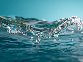 Clear water splash with droplets frozen in motion over blue surface, refreshing and dynamic natural liquid movement