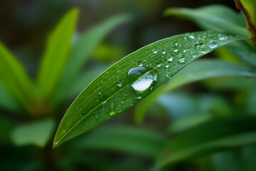 Green leaf with water droplets reflecting light in natural environment with blurred background