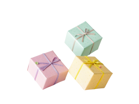 Colorful gift boxes arranged creatively, showcasing pastel shades and decorative ribbons, perfect for celebrations and special occasions