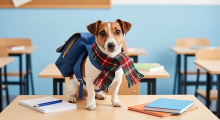 Adorable Jack Russell Terrier Dog Ready for School with Backpack and Scarf.