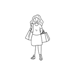 Black and white line art of a beautiful happy woman carrying shopping bags minimalist cheerful illustration