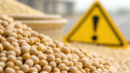 Soybean grains piled with yellow allergy caution sign in background warning about potential allergen risk in food products