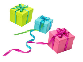 Obraz premium Brightly colored gift boxes in green, blue, and pink with ribbons and bows create festive atmosphere, perfect for celebrations