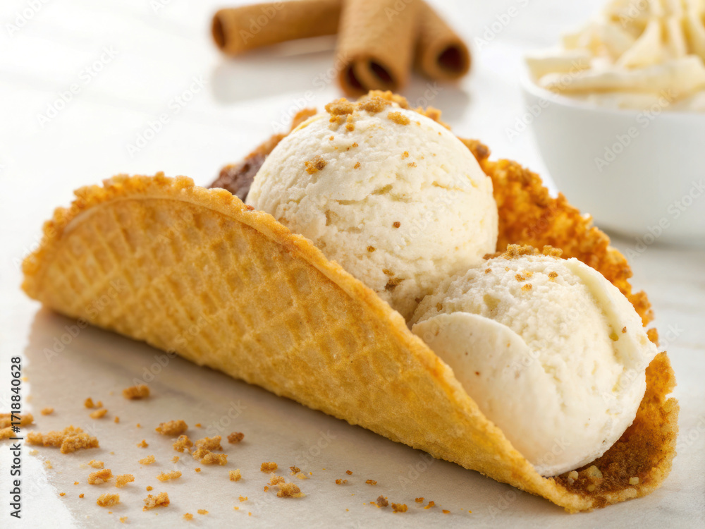 Poster vanilla ice cream scoops served in crunchy waffle taco shell with cookie crumbs and cinnamon sticks 
