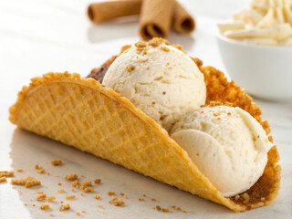 Vanilla ice cream scoops served in crunchy waffle taco shell with cookie crumbs and cinnamon sticks in background
