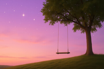 Swing hanging from tree on hill under starry purple sky at sunset with peaceful mood