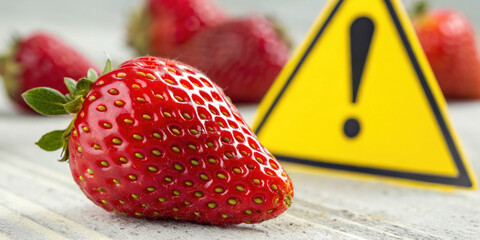 Ripe red strawberry with green leaves near yellow warning triangle sign on wooden surface, fresh fruit with alert symbol
