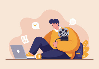 Young filmmaker edits film, reviewing script on laptop.