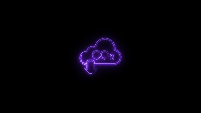 Purple neon cloud icon with C O2 and downward arrow on black background carbon dioxide symbol