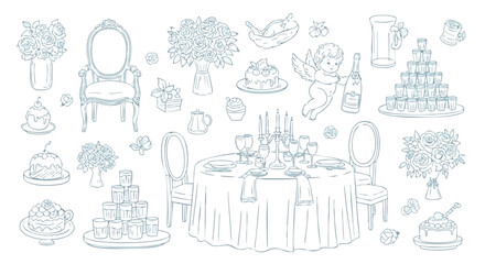 Elegant wedding celebration elements including ornate chairs, champagne tower, floral arrangements, and decadent cakes for a festive occasion.