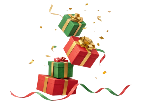 Festive gift boxes in red and green with gold ribbons and bows, floating amidst colorful confetti and ribbons, evoke joyful celebration