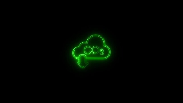 Green neon cloud icon with C O2 and downward arrow on black background carbon dioxide symbol