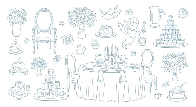 Elegant wedding celebration elements including ornate chairs, champagne tower, floral arrangements, and decadent cakes for a festive occasion.