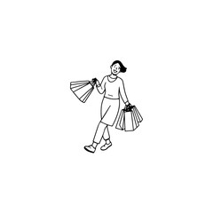 Black and white line art of a beautiful happy woman carrying shopping bags minimalist cheerful illustration