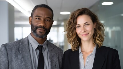 Corporate portrait of multicultural male and female coworkers in professional attire, workplace background. 