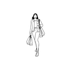 Black and white line art of a beautiful happy woman carrying shopping bags minimalist cheerful illustration