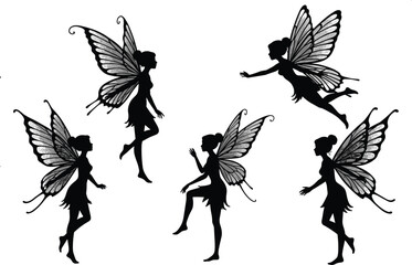 Beautiful fairy silhouettes with butterfly wings, flying and standing poses, magical fantasy illustration, enchanted art, elegant mystical design