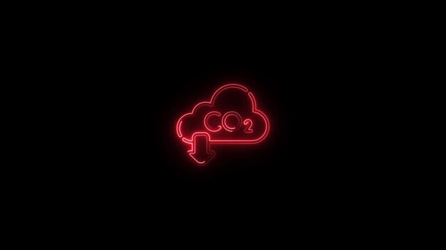 Red neon cloud icon with C O2 and downward arrow on black background carbon dioxide symbol