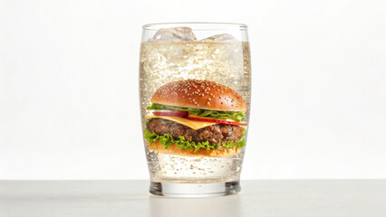 Glass of sparkling soda with holographic burger floating inside, refreshing and vibrant drink concept