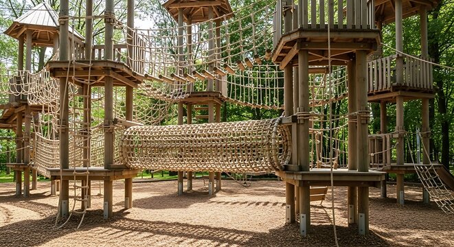 Adventure park with rope bridges and wooden platforms in a forest.