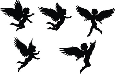 Cupid silhouettes with wings flying, romantic love design elements for Valentine’s Day, wedding, romance, angel, cherub, decoration, fantasy, celebration art