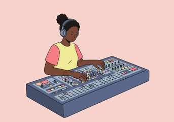 A young woman with headphones working on a sound mixing board.