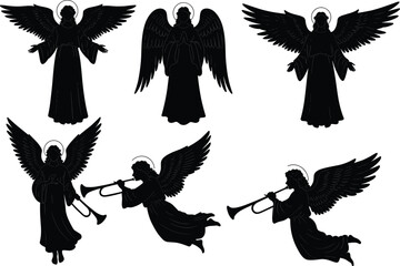Angel silhouette vector collection with wings and halo, trumpet playing angels, Christmas design elements, religious spirituality artwork for decoration