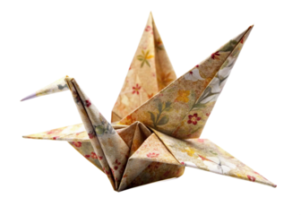 Origami turning into a bird isolated on white background