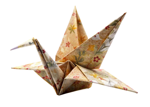 Origami turning into a bird isolated on white background