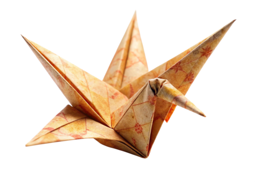 Origami turning into a bird isolated on white background