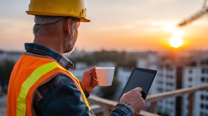 A construction worker in a hard hat stands with a tablet and coffee cup, observing the skyline at sunset