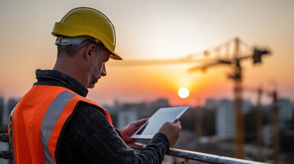 A construction worker in a hard hat and safety vest uses a tablet to check project details while overseeing the worksite at sunset, showcasing modern technology in construction.