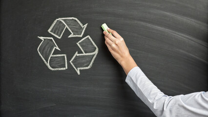 Recycling symbol drawn on blackboard with hand holding chalk promoting eco friendly concept and sustainability