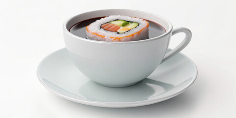 Sushi roll floating in white teacup filled with dark liquid on matching saucer, creating surreal and intriguing scene