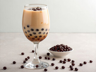 Bubble tea with black tapioca pearls clear glass and extra pearls white bowl light surface, inviting and refreshing drink