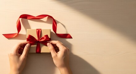 Gift wrapping concept: A person's hands carefully adjust a vibrant red ribbon on a beige gift box, creating a beautiful bow, displayed on a wooden surface with light shadows.