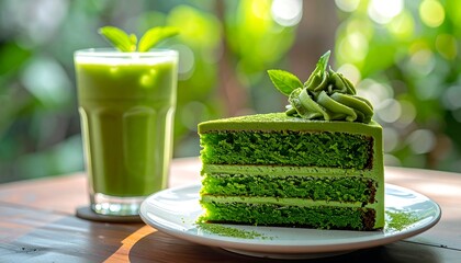Matcha cake and drink