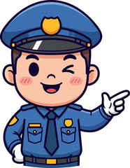 playful police officer cartoon a winking direction, isolated on transparent background