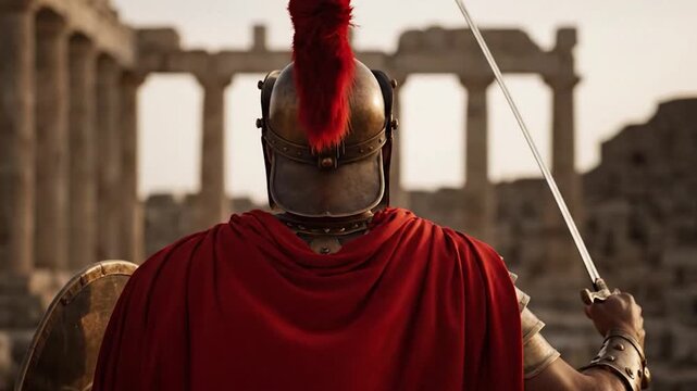 Lone Spartan Warrior Contemplating Ancient Ruins. High quality 4k footage.
