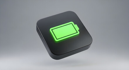 A realistic 3D render of a sleek, modern dark battery icon with a vibrant green charge indicator on a neutral gray background